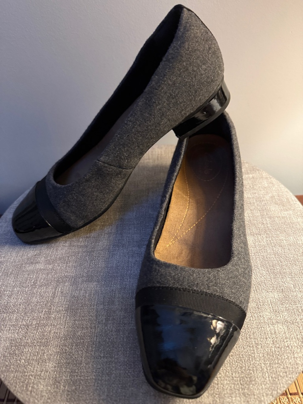 Clarks Gray Fabric Flats with Black Patent Cap Toe